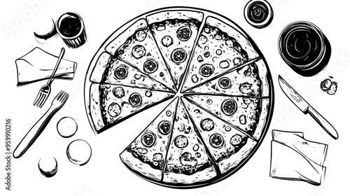 Large pizza cut into slices, placed on a table with a selection of sauces and napkins