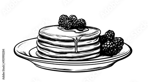Small stack of pancakes with syrup drizzled over and a side of fruit