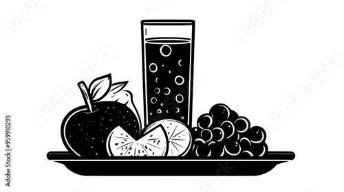 Plate with assorted fruits next to a glass of sparkling water