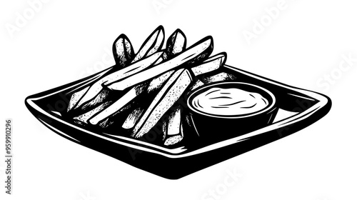 Fish and chips with dip on a rectangular dish