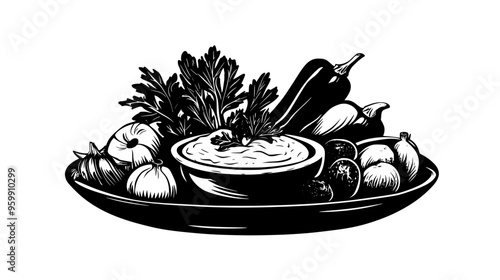 Platter of assorted raw vegetables with a small bowl of paleo-friendly dip in the center