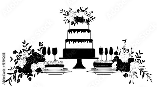 Wedding cake surrounded by dessert plates, set on table with floral arrangement