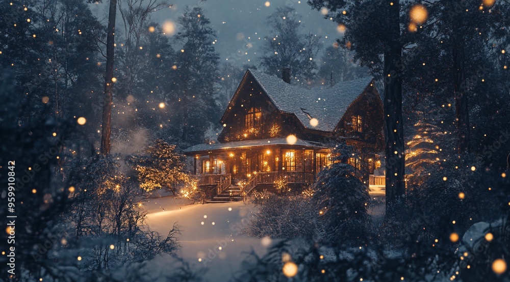 Fototapeta premium Enchanted Winter Evening at a Cozy Snow-Covered Cabin