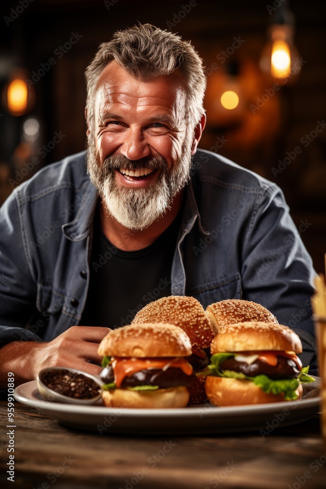Smiling man enjoying gourmet hamburgers with fries at a cozy restaurant in the evening Smiling man enjoying gourmet hamburgers with fries at a cozy restaurant in the evening
