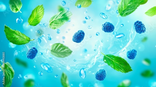 Bright Cyan Background With Swirling Blue Raspberry And Mint Leaves For Fresh-Themed Product Displays . Generative ai