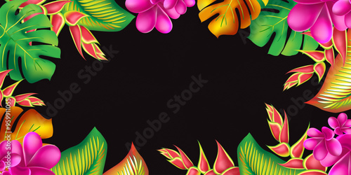 Trendy summer exotic flower banner card template. Palm monstera leaves with hibiscus and pink plumeria flowers abstract background.