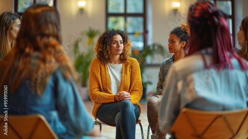 Group therapy session with female participants sitting in circle in a room with large windows