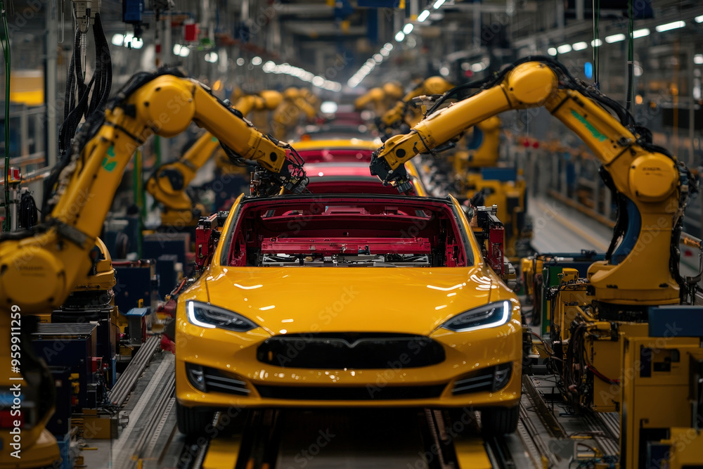 A yellow car is being assembled by industrial robotic arms on a production line in a modern automotive manufacturing facility, showcasing innovation and technology. A yellow car is being assembled by industrial robotic arms on a production line in a modern automotive manufacturing facility, showcasing innovation and technology.
