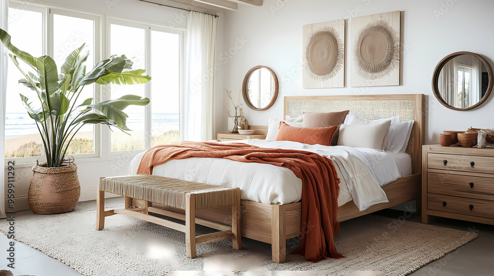 Coastal bedroom with white oak furniture and ocean view windows Coastal bedroom with white oak furniture and ocean view windows