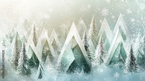A winter wonderland showcases Christmas trees shaped as abstract triangles, surrounded by a serene, snowy atmosphere. Generative AI