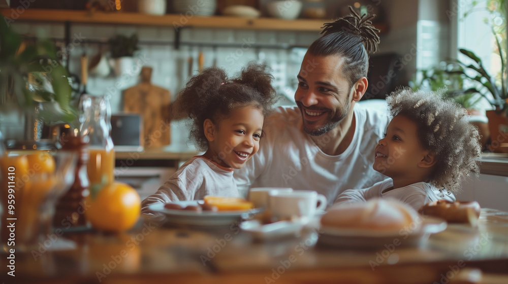 Father and two daughters enjoy a breakfast with orange juice and pastries, sharing love and laughter Father and two daughters enjoy a breakfast with orange juice and pastries, sharing love and laughter