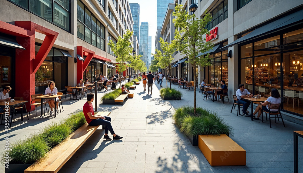 Naklejka premium Vibrant urban street with modern buildings, public art, and lively atmosphere.