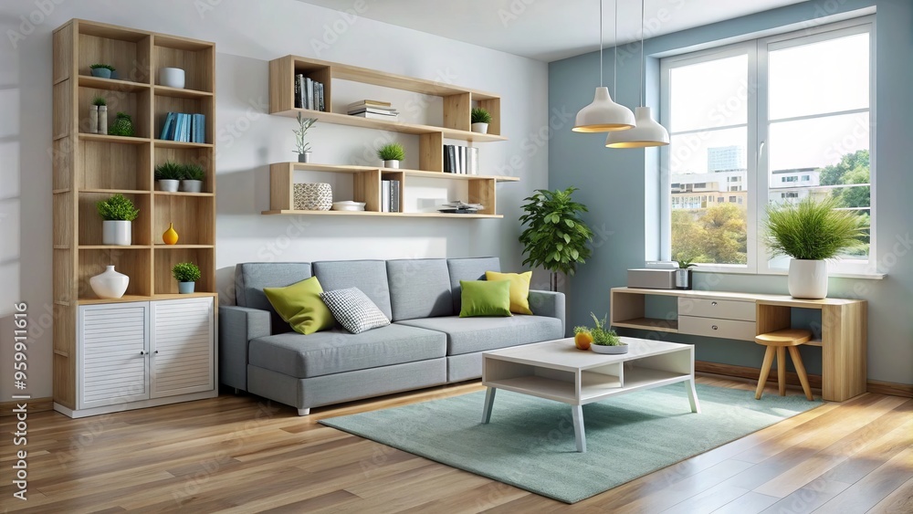 Fototapeta premium Ergonomic and space-saving design maximizes functionality in small homes, apartments, and condos, accommodating 1-3