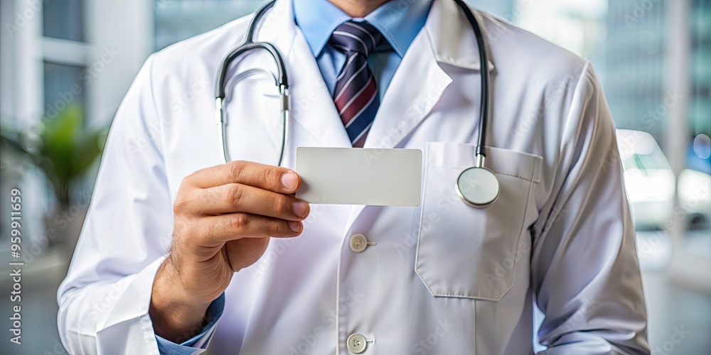 A professional doctor in a white lab coat holds a modern business card, symbolizing medical expertise and networking in a contemporary healthcare setting. A professional doctor in a white lab coat holds a modern business card, symbolizing medical expertise and networking in a contemporary healthcare setting.