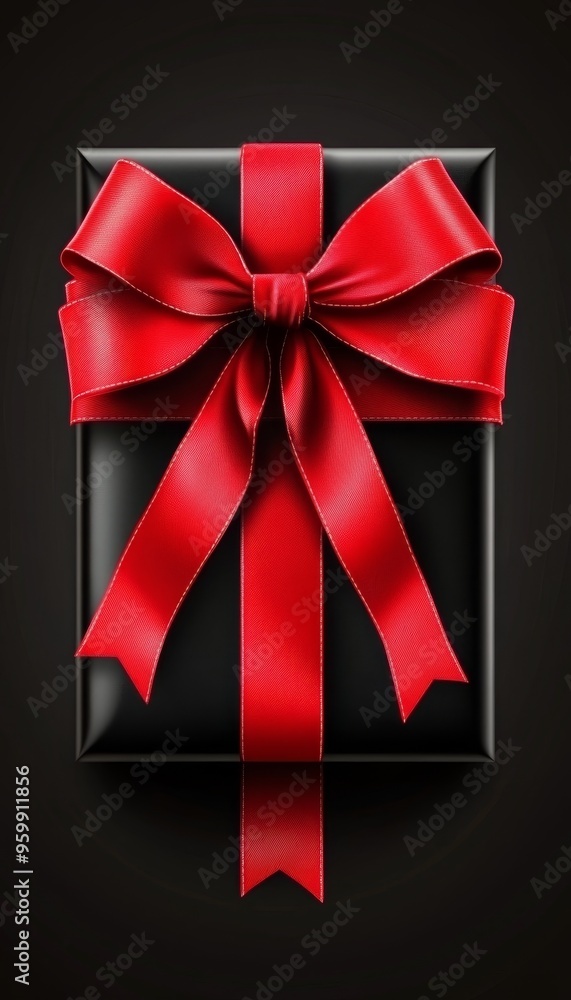 Black Gift Box with Shiny Red Ribbon and Bow, Isolated on Dark Background. Present, Surprise Black Gift Box with Shiny Red Ribbon and Bow, Isolated on Dark Background. Present, Surprise