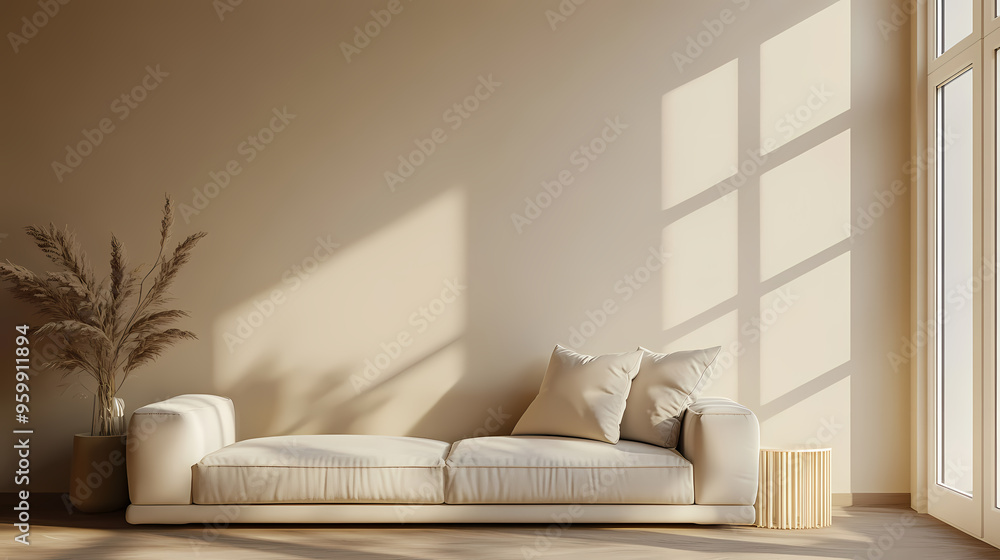 Minimalist living room with beige sofa and side table design Minimalist living room with beige sofa and side table design