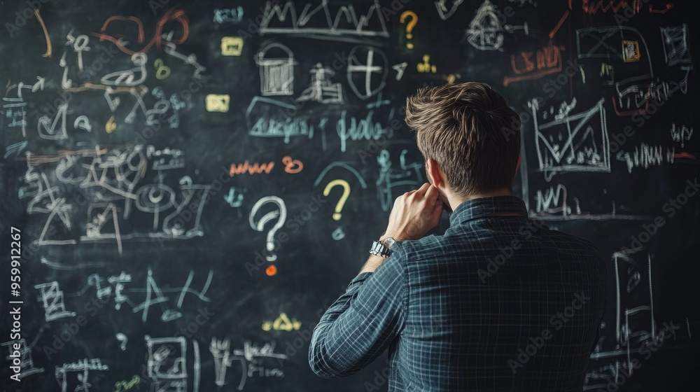 Man Thinking and Looking at Chalkboard with Drawings and Question Marks