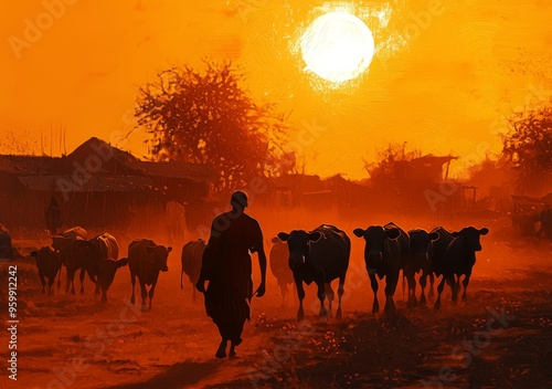 Mundari tribe cattle gather around bonfires to repel mosquitoes and flies. Central Equatoria, Terekeka, South Sudan photo