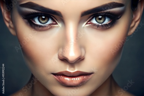 The woman's face glows with a subtle radiance, almond-shaped eyes beset by thin eyebrows, while dark eyelashes frame