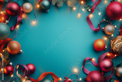 Festive holiday ornaments with sparkling lights in blue background