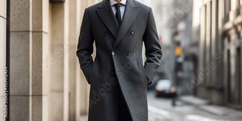 Man in a grey overcoat, tie and white shirt.