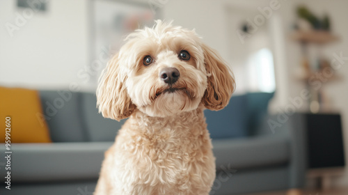 A cute, fluffy dog sits com...