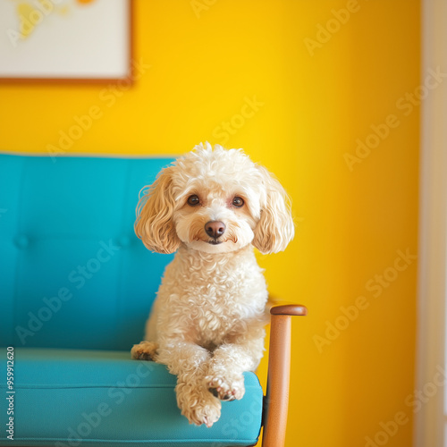 A cute, fluffy dog sits com...