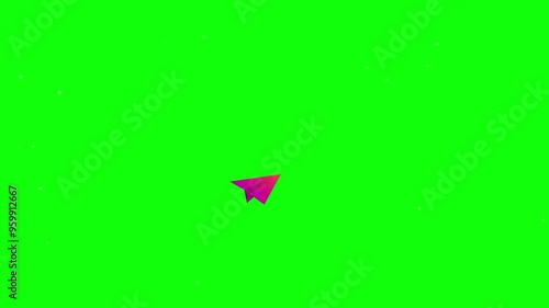 Green screen video frame with two paper airplanes, orange and purple, flying upwards with white stars in background.