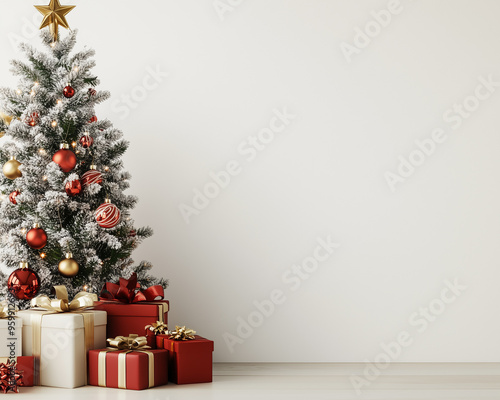 Festive Christmas tree with beautifully wrapped gifts in white background