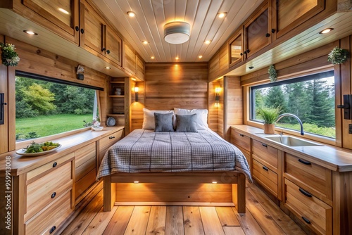 Functional simplicity and natural beauty combine as a bedroom within a van conversion features handcrafted wooden photo