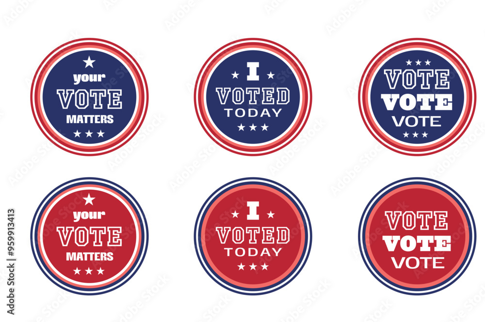 Election 2024. Vote USA. Set of motivation phrases. Voting concept. Round politics stickers. Red and blue colours. Election 2024. Vote USA. Set of motivation phrases. Voting concept. Round politics stickers. Red and blue colours.