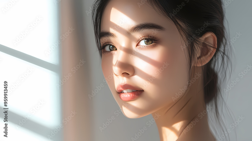 Radiant Asian woman in natural light, highlighting flawless beauty and tranquility. Radiant Asian woman in natural light, highlighting flawless beauty and tranquility.