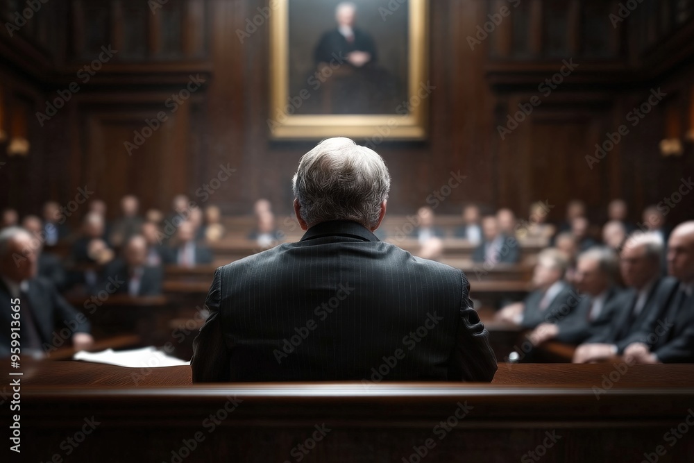 Judge in black robe presiding over a formal courtroom with seated audience members visible, indicating a legal proceeding in a stately, wood-paneled environment. Judge in black robe presiding over a formal courtroom with seated audience members visible, indicating a legal proceeding in a stately, wood-paneled environment.
