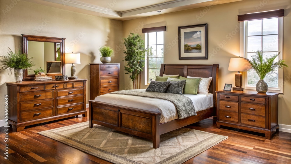 Naklejka premium Gently used bedroom furniture available in the Denver area, photographed in a real home setting to ensure authenticity