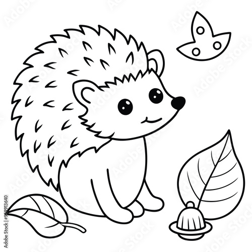 A charming line art drawing showcases a cute hedgehog sitting among leaves, a butterfly fluttering above, and jelly nearby in an outdoor environment