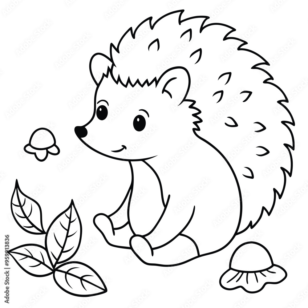A cute hedgehog is happily seated on the ground, surrounded by green leaves and small mushrooms in a serene forest during daylight A cute hedgehog is happily seated on the ground, surrounded by green leaves and small mushrooms in a serene forest during daylight