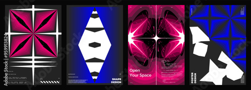 Abstract poster design. Vertical format wall art, interior mockup.  Magenta, blue composition. Geometric neon illustration with sci fi space and y2k style elements.