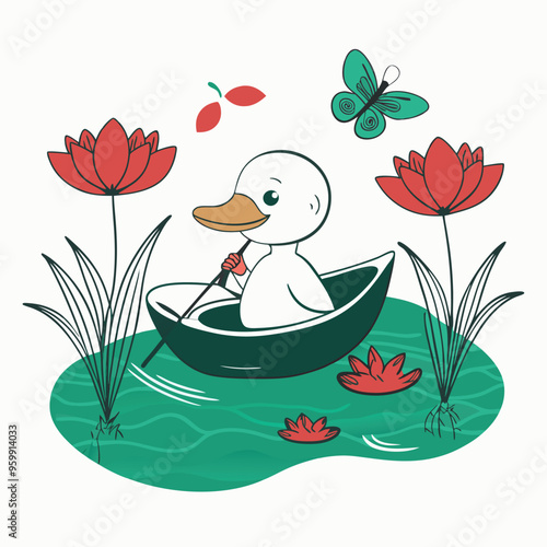 A cheerful duck rows a small boat through a serene pond filled with vibrant flowers and a fluttering butterfly under a bright sky