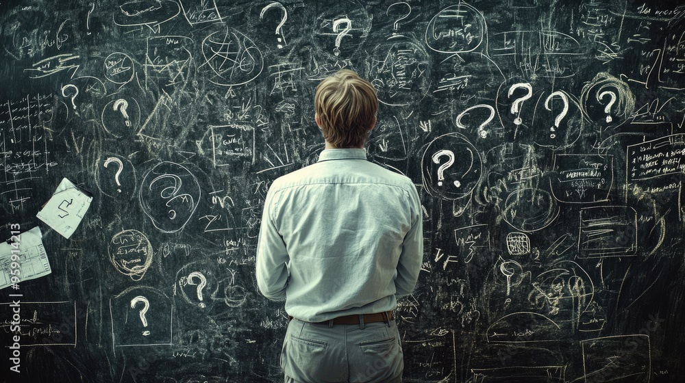 Man Facing Chalkboard Filled with Questions, Seeking Answers and Solutions Man Facing Chalkboard Filled with Questions, Seeking Answers and Solutions