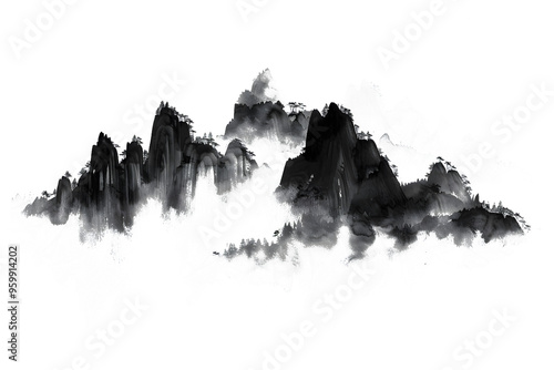 watercolour black and white mountains, isolated on white or transparent background, PNG