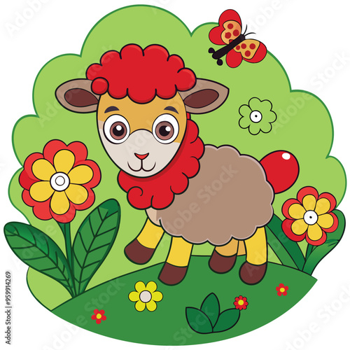 Wallpaper Mural A charming cartoon lamb frolics in a vibrant garden, surrounded by colorful flowers and a playful butterfly on a sunny day Torontodigital.ca