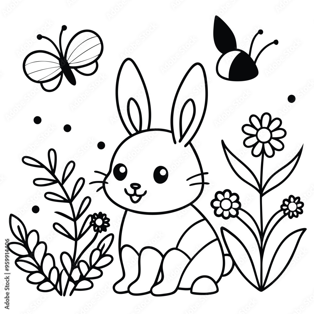 A cheerful rabbit sits among vibrant flowers, enjoying the company of butterflies, creating a charming garden atmosphere full of life A cheerful rabbit sits among vibrant flowers, enjoying the company of butterflies, creating a charming garden atmosphere full of life