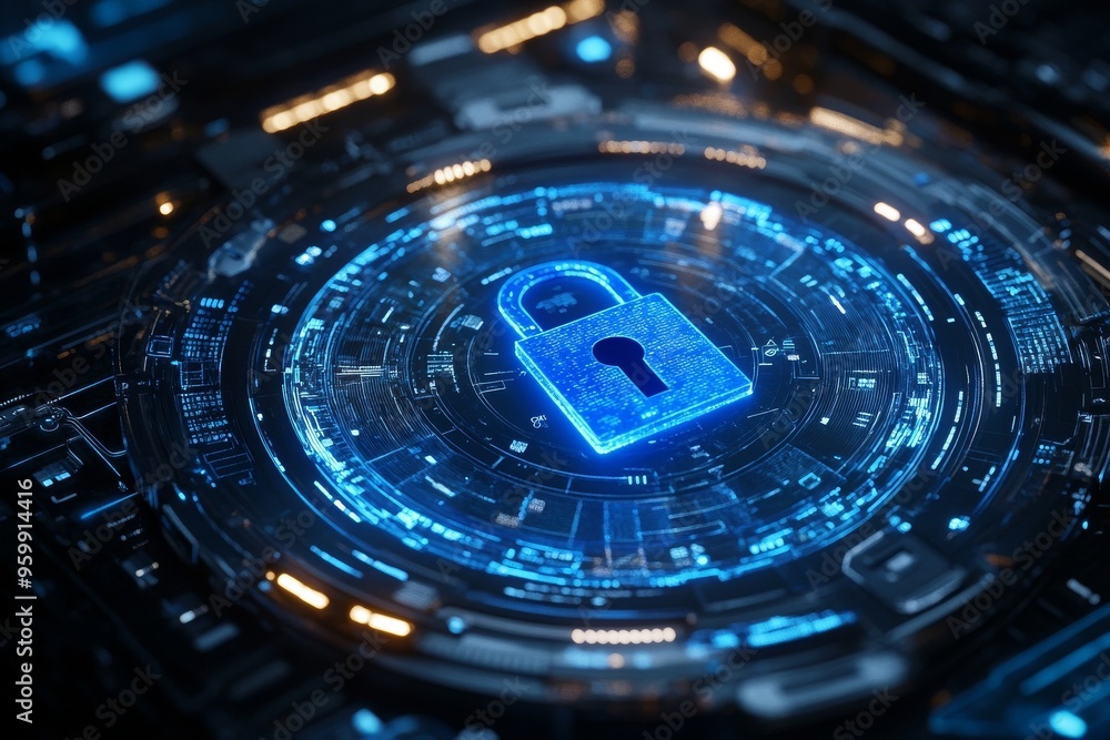 high-tech futuristic image of a padlock symbol (icon, sign) in a glowing circle of digital nanotechnology, symbolizes the security of currency transactions, online payments and data high-tech futuristic image of a padlock symbol (icon, sign) in a glowing circle of digital nanotechnology, symbolizes the security of currency transactions, online payments and data