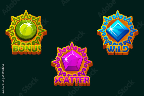 Gemstones in solar disk frames, APP icons- BONUS, WILD and SCATTER for slots games. 2D game assets