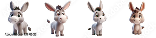 Set of 3D rendered illustration cartoon Donkey isolated on white and Transparent Background