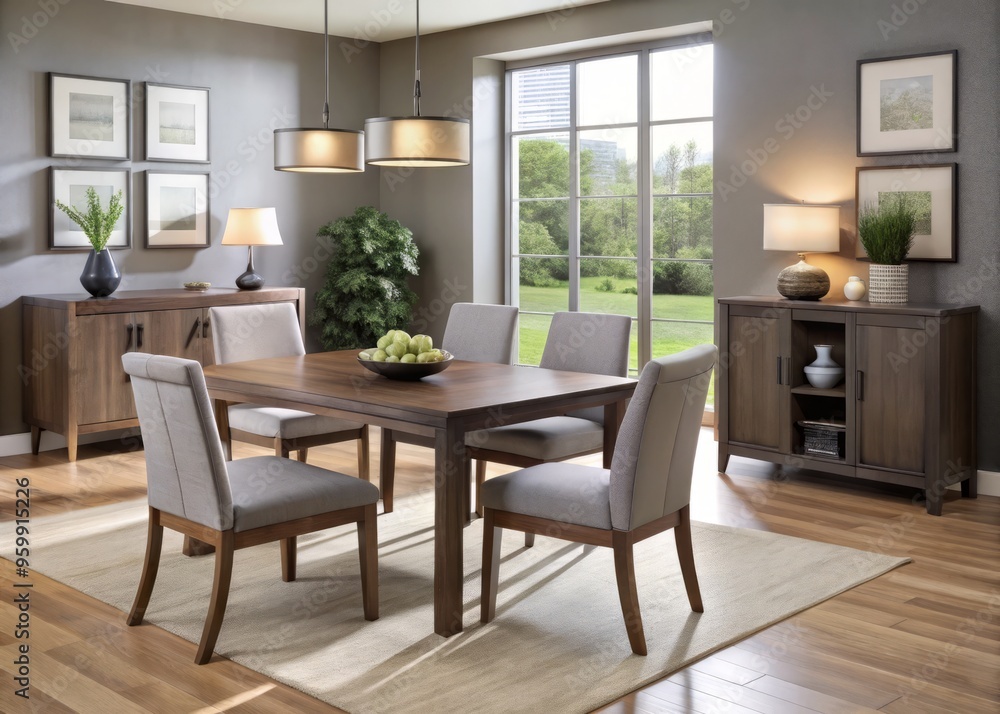 This modern dining set features a rectangular table with a sleek design, paired with four stylish chairs and This modern dining set features a rectangular table with a sleek design, paired with four stylish chairs and