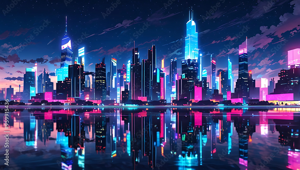 Obraz premium A vibrant 3D depiction of a futuristic city skyline reflected in a giant, still lake, with neon lights and holographic billboards, symbolizing the harmony between advanced technology and nature.