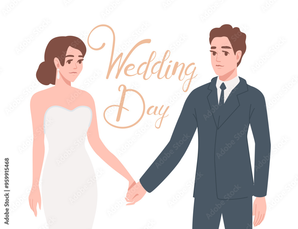 Wedding couple. Bride in white dress and Groom in blue suit holding each other hands. Wedding day lettering, handwritten text. Cartoon characters design. Vector illustration Wedding couple. Bride in white dress and Groom in blue suit holding each other hands. Wedding day lettering, handwritten text. Cartoon characters design. Vector illustration