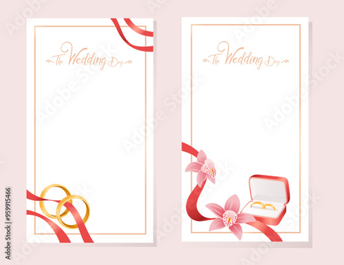 Wedding invitation card design with golden rings, flowers and ribbons. Vertical greetings card template. Banner for bridal ceremony. Vector illustration isolated on white background