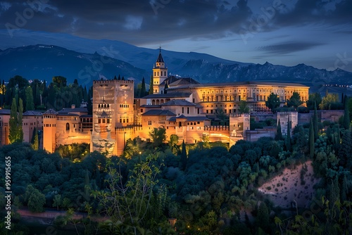 Alhambra Palace at Dusk with Mountains in the Background.